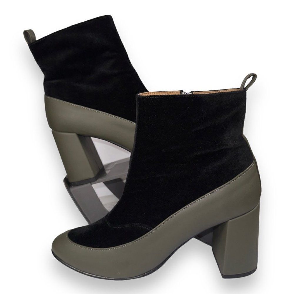 NAE Vegan Paula Green Block‎ Heel Chelsea Boots Olive / Black Velvet Women's 9